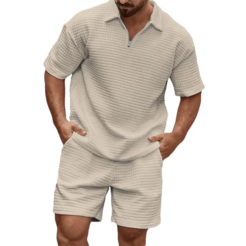 Men Suits 2 Piece Set Waffle Knit Half Zip Short Sleeve Stand Collared Casual Henley Shirt Big and Tall Vacation Tracksuit Lounge Sets Cozy Casual Golf Outfits Outdoor Camping Fishing Relaxed Outfit