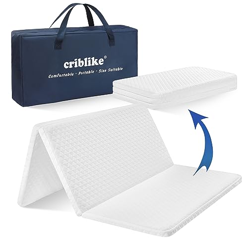 Image of Criblike Trifold Pack and Play Mattress Pad Waterproof 38"x 26", Pack N Play Mattresses or Travel with Carry Bag, Mattress for Pack and Play Topper with Washable Cover, Baby Essentials Items