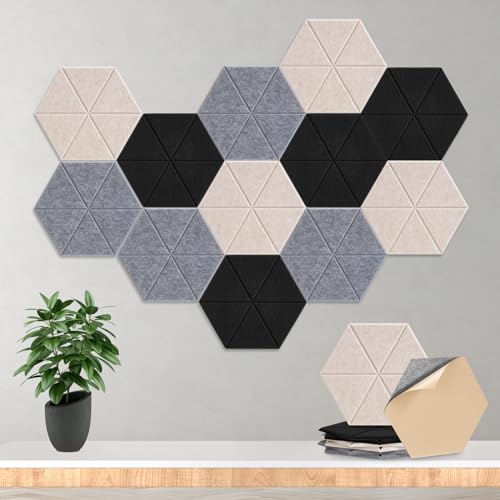Image of 18 Pack Self-adhesive Acoustic Panels Vangoa Soundproof Wall Panels 14"X12"X 0.4" Sound Absorbing Panel for Decoration Sound Deadening Panels For Home Office (3 Colors Hexagonal Design)
