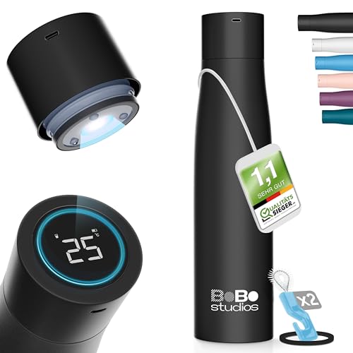 BoBo Studios® 500ml Smart Bottle Trinkflasche Isolierflasche aus Edelstahl, UVC Sterilisation gegen Bakterien Viren, 24 Std kalt, 12 Std heiß, Trinkerinnerung, Display, selbstreinigend, inkl. Zubehör