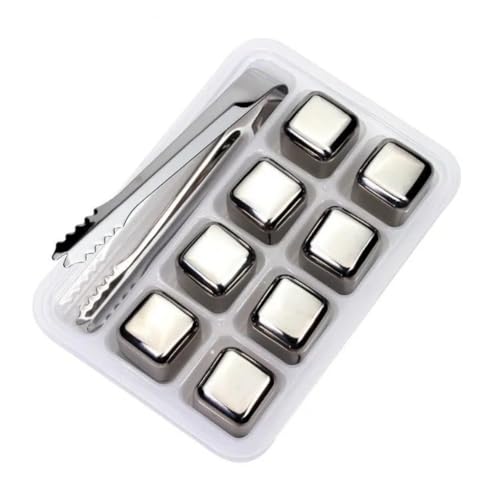 Kit cubos de gelo inox reutilizáveis com estojo e pegador – gelo artificial para whisky, bourbon, vinho e drinks, kit 8 cubos em aço inox com bandeja, tampa e pegador, não altera o sabor