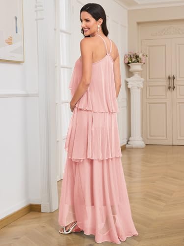 Image of AISWI Maternity Halter Neck Maxi Dress Sparkly Mesh Tiered Ruffle Pregnancy Gown with Flower for Baby Shower Photoshoot