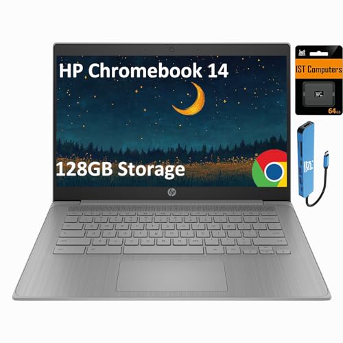 HP Chromebook 14 Laptop (14' Anti-glare, Intel 4-Core Celeron N4120, 4GB RAM, 128GB Storage (64GB+64GB SD)) for Home & Student, Lightweight, 14-Hr Battery Life, Webcam, Wi-Fi, IST HUB, Chrome OS, Grey