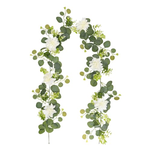 Guirnalda de eucalipto de simulación con flores de 6 pies, coronas de hojas artificiales, adorno floral para decoración de mesa, telón de fondo, colgante de pared