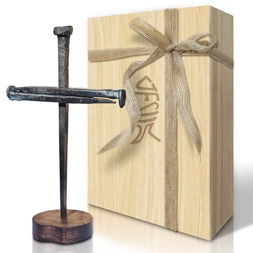 LeMeeOly Jesus Christ Crucifixion Nail Metal Cross Wooden Base Religious Gifts for Men Women Baptism & Religious Gifts for Men Women Christian Home Decor (Solid Wood Base)