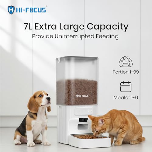 Image of Hi Focus 7L Automatic Cat Feeder with Camera, 5G WiFi Smart Pet Feeder for Cats & Dogs, 1080P HD Night Vision, App Control, 2-Way Audio, Voice Recording, 1-15 Meals, Jam-Free Dispenser