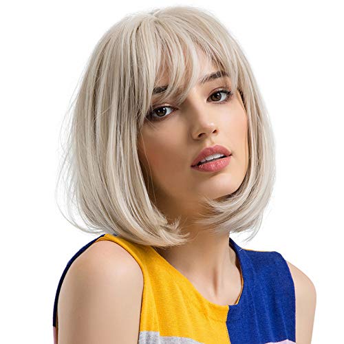 UBORSE Short Bib Wigs with Bangs for Women Straight Synthetic Wig Natural Look Heat Resistant Cosplay Party Hair Wigs (14 inch, Light Blonde)
