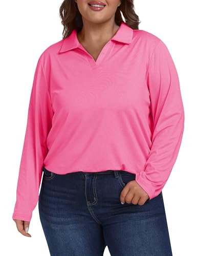 MoFiz Women's Plus Size Golf Long Sleeve Polo Shirts V Neck Workout Casual Loose Fit Tops XL-5XL, Rose-red, 4XL
