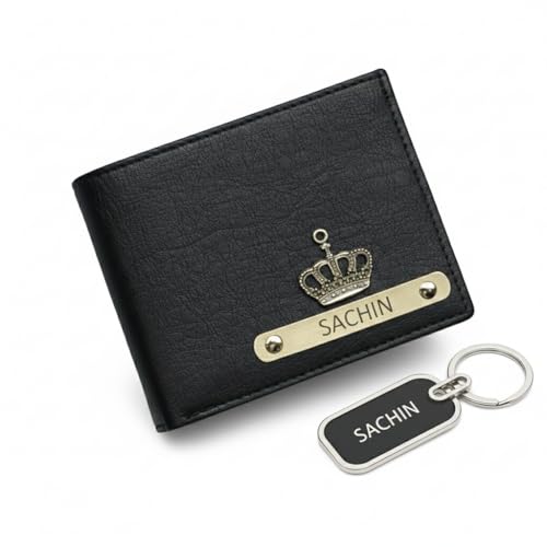 Image of Personalized Leather Wallet for Men | Leather Passport Cover Holder for Men & Women | Customized Gifts with Name & Charm | Gift for Boys, Husband, Brother (Wallet, Jet Black Wallet with Keychain)