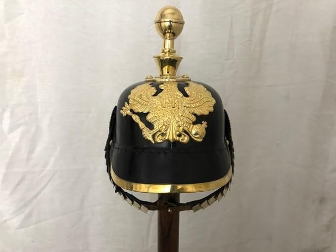 German Pickelhaube Helmet with Brass Badge, Black Military Costume Helmet, 26 x 8 x 9 inches