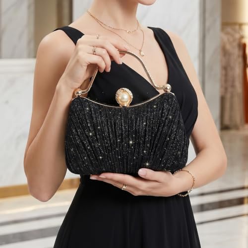 Image of Comeon Clutch Purses for Women Pleated Bling Sequin Evening Bag with Handle | Sparkle Evening Handbags with Removable Chain, Bridal Wedding Crossbody Bag, Elegant Party Prom Formal Purse for Cocktail