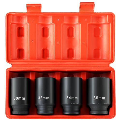 DASBET 1/2" Drive Deep Impact Socket Set 4PCS Heavy Duty Drive Deep Spindle Axle Nut Impact Socket Set 12 Point, Metric 30mm, 32mm, 34mm, 36mm by DASBET - Used condition - US$17.86
