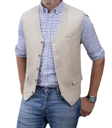 SOLOVEDRESS Men's Summer Leisure Cotton Linen Suit Vest Dress V Neck Waistcoat for Party and Beach(Beige,XL)