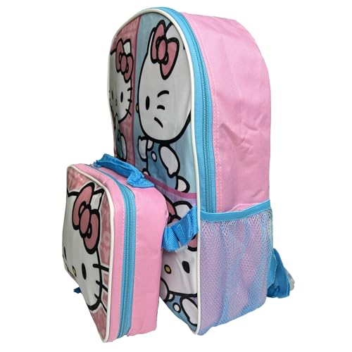 Image of Fast Forward Hello Kitty Kids 16 inch Backpack with Matching Lunch Box, Pink and Blue, School Bag Set