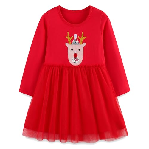 Baogaier Vestidos Niña Navidad Vestido Impresión con Tul Algodon Casual Verano Manga Corta Fiesta Infantil T-Shirt Camisero Ropa Regalo Niños 5 6 años, Estampado Renos Rojos