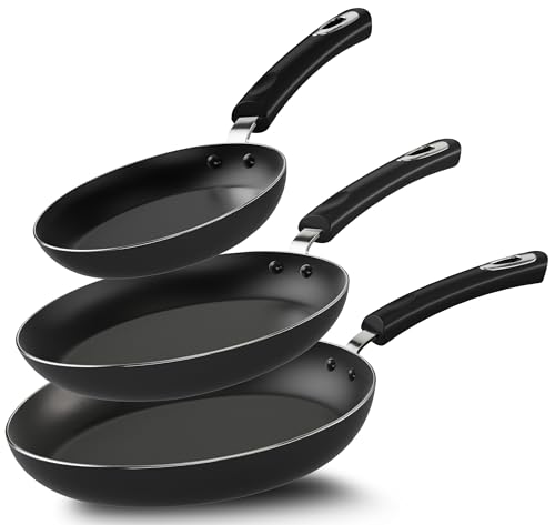 KICHLY Induction Hob Pan Sets Non Stick, 3 Pcs Fryingpans, Professional Chefs Kitchen Cookware, 20cm, 24cm, and 28cm (Grey, 4 Packs of 3)