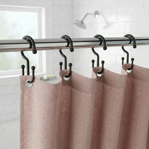 Bathway Plastic Double Shower Curtain Hooks,12Pcs Bathroom Shower Curtain Hooks, Smooth Sliding, Easy to Use, Multi-Functional Rings for Shower Curtain, Clear (12, Black) - 2