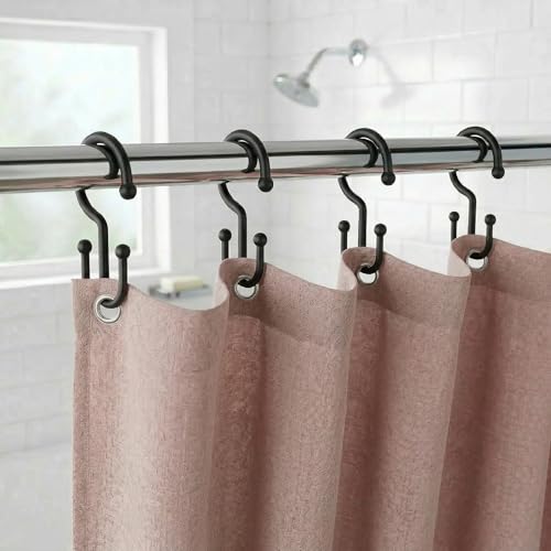 Bathway Plastic Double Shower Curtain Hooks,12Pcs Bathroom Shower Curtain Hooks, Smooth Sliding, Easy to Use, Multi-Functional Rings for Shower Curtain, Black