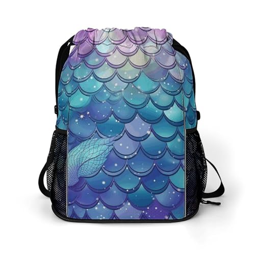 Drawstring Gym Backpack with Shoe Compartment And Wet Pocket, 28L Lightweight Waterproof Water Lily Mermaid Scales Sports Backpack for Workout Swim Beach Travel String Bag for Men Women