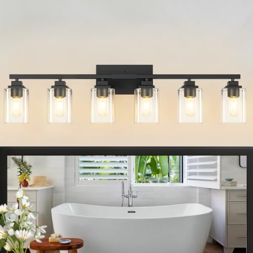 Image of Matte Black Bathroom Light Fixtures, 6-Light Vanity Lights over mirror