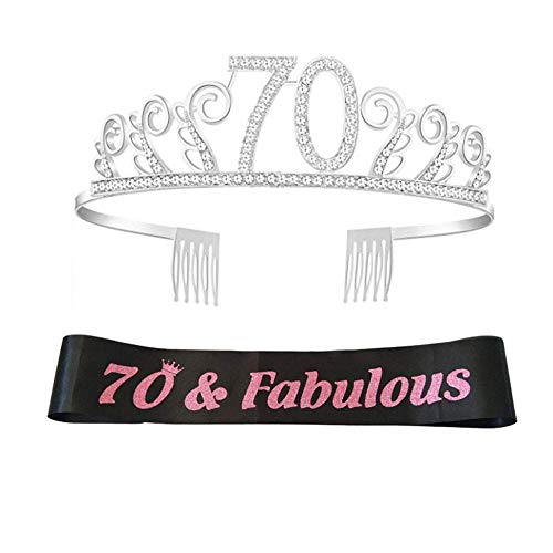 Mkiki 70th Birthday Tiara Crown with Shoulder Strap Set for Birthday Party Supplies (70)