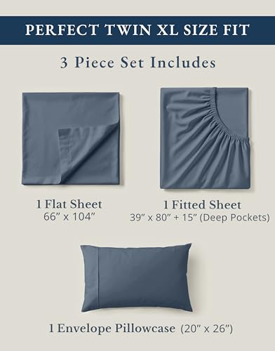 Image of LANE LINEN 100% Organic Cotton Eco Friendly Fully Elasticized Twin XL Sheet Set, Low Pilling Fade Resistant Machine Washable Extra Long Twin Bedding Set, Soft & Comfy Cotton Sheets-Estate Blue