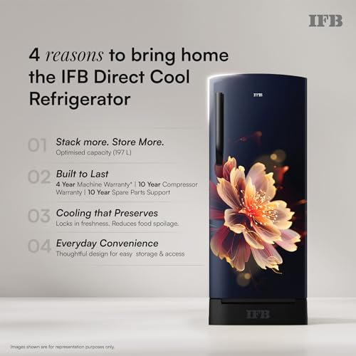 Image of IFB 197L 4 Star Advanced Inverter Direct-Cool Single Door Refrigerator with 30 Hrs Cooling Retention, Big Vegetable Box, 4 Year Super Warranty & Base Stand (2026,IFBDC-223DYBMED, Mystic Blossom Blue)