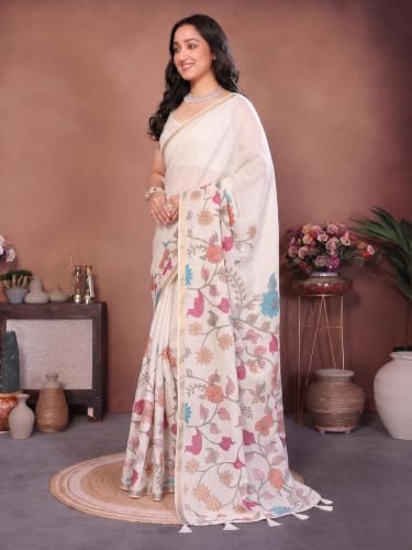 Image of SAMANTHA Black Floral Print Ready to Wear Linen Saree with Pocket & Adjustable Belt