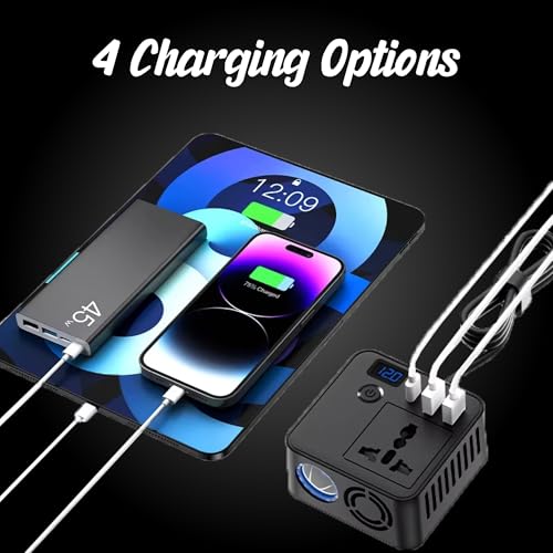 Image of PRONOD 200W Car Power Inverter with 30W Type-C PD, 18W USB, AC Socket & Cigarette Lighter Slot, 12V Car Plug, LED Indicator, Power Button & Cooling Fan, Cup Holder Design for Car