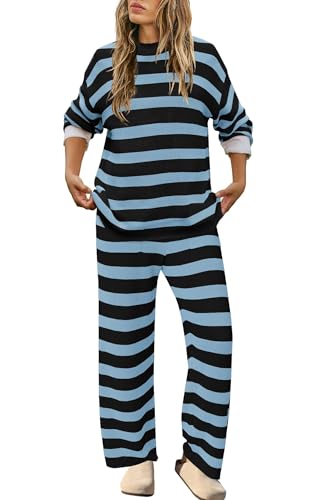 Image of SENSERISE Womens Striped Set Sweater Lounge Sets | Pajamas Set, Loungewear Set, Oversized Knit Sweater, Wide Leg Pants with Pockets, High Waisted, Fall Outfits, Pants Set