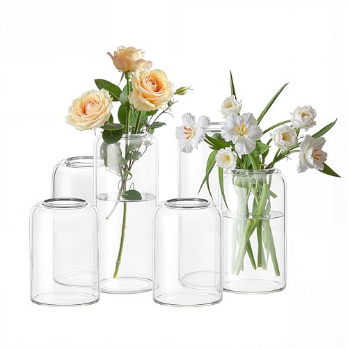 24 Clear Glass Vases | 3 Hights(6.5“ H+5“ H+3.9“ H), Curved-Rim Cylinder Vases for Rustic Farmhouse Centerpieces Wedding Table Decor Bud Vases in Bulk
