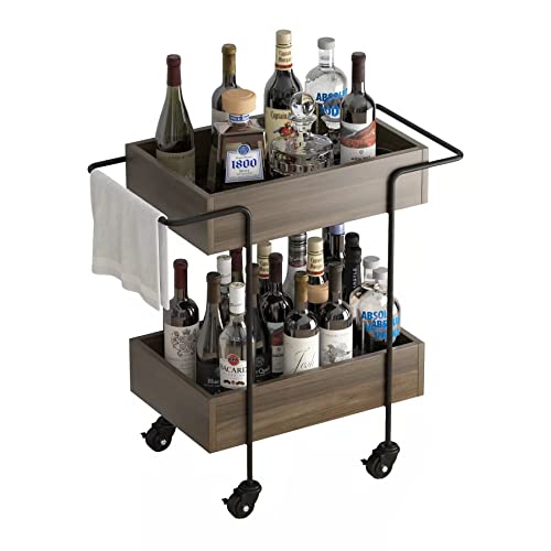 Bar Cart,Kitchen Cart Serving Bar Carts for The Home,Mobile Wine Cart Coffee Cart on Wheels Storage Home Bar Serving Carts,Brown Trolley Mobile Storage Cart for Home,Kitchen,Office,Bathroom,Bedroom