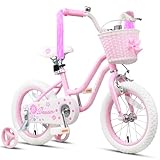 Glerc Daisy Girls Bike, 12 Inch Kids Bicycle for Ages 2-4 Years Old Children, Princess Style Toddler Bike with Training Wheels & Basket & Streamers, Pink
