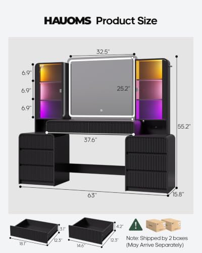 Image of Big Vanity Desk, Fluted Makeup Vanity with Mirror Lights, Dressing Table