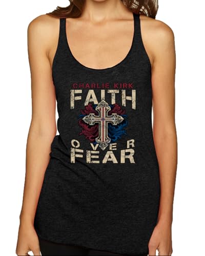 Distressed Faith Over Fear Christian Quote Shirt | Christian Faith-Based Inspirational Tri-Blend Racerback Tank Top, Vintage Black, Large