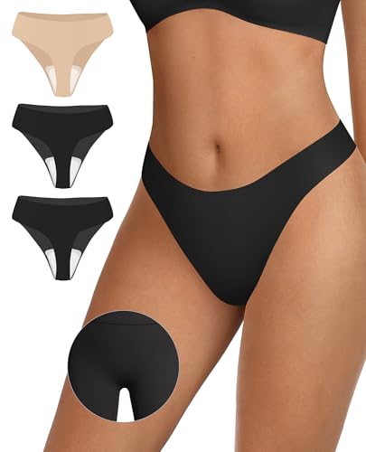 Image of OEAK Seamless Thongs for Women Invisible Thongs No Show Thong Panty Liners Tangas Comfortable Workout G-Strings Underwear 2*Black+Skin Nude S