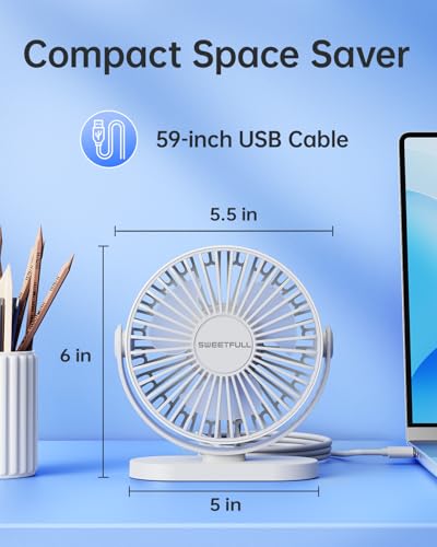 Image of SWEETFULL USB Desk Fan Small Quiet - 3 Speeds Mini Personal Portable Fan 360 Rotation Adjustable, 5.5 Inch Office Table Cooling Gadgets on Desktop (White)
