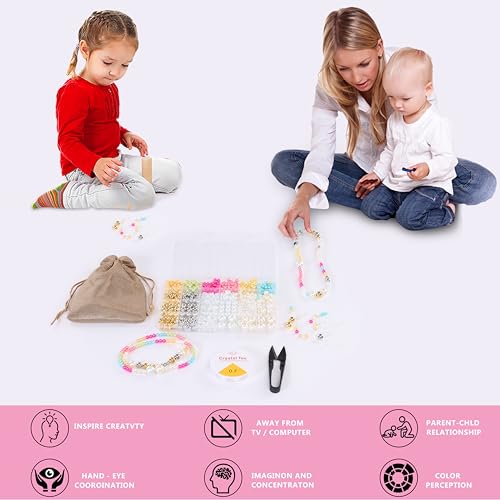 Image of ambitieux DIY Bracelet Making Kit - 24 Colorful Beads, 10m Elastic Thread, Jute Bag, and Cutter - Gift for Girls Birthdays (Pearl Beads)