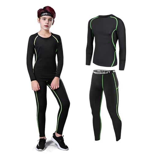 Shengxi Ropa Interior Térmica para Niños, Transpirable Deportes Conjuntos Térmicos Ropa Interior Funcional Termo Unisexo Ciclismo Futbolístico Deportes de Manga Larga (Verde, 24/115-125 cm)