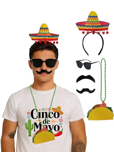 WOLBAY 5Pcs Cinco De Mayo Accessories Outfit Cinco De Mayo Headband Glasses Mustache Necklaces Cinco De Mayo Costumes (Taco)