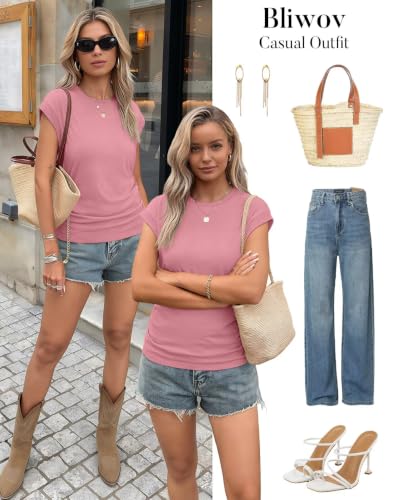 Image of Bliwov Womens Summer Tops Cap Sleeve Crew Neck Casual T Shirts