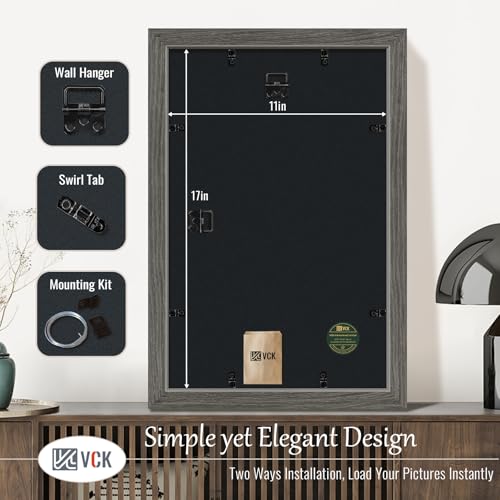 Image of VCK 11x17 Picture Frame Set of 3, Gray Grey Wood Frames, Gallery Wall Decor Photo Frames for Wall Mounting Horizontally or Vertically