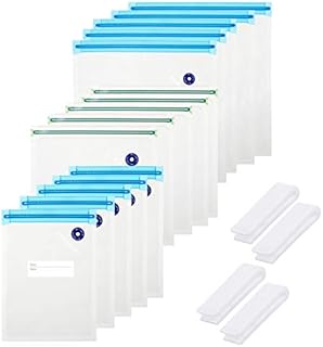 15PCS Reusable Vacuum Food Sealer Bags + 4PCS Sealing Clip Leakproof Degradable Freezer Bag BPA Free Ziplock Bag Lunch Sandwich Snacks Fruit Bag for Food Storage, Meal Prep and Sous Vide