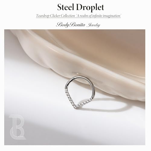 BodyBonita 16G Septum Rings - 316L Surgical Steel Teardrop Hinged Nose Rings Hoops Seamless Septum Jewelry CZ Nose Piercings Helix Tragus Rook Daith Piercing for Women Men Silver/Gold/Black 8mm 10mm2