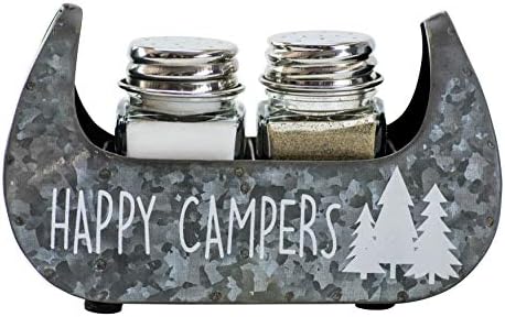 Boston Warehouse Salt & Pepper Set with Galvanized Metal Canoe Holder "Happy Campers"