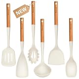 Großes Silikon-Küchenutensilien-Set, 6-teiliges antihaftendes Kochutensilien-Set mit Holzgriff, hitzebeständiges & BPA-freies Silikon-Set mit Wender, Löffel und Schöpfkelle (Weiß)