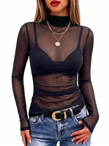 Image of Meetrendi Women's Ruched Mesh Top Sheer Long Sleeve Mock Neck Shirts