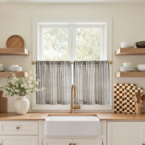 jinchan Striped Linen Kitchen Tier Curtains 20 Inch Jet Black 2 Panels