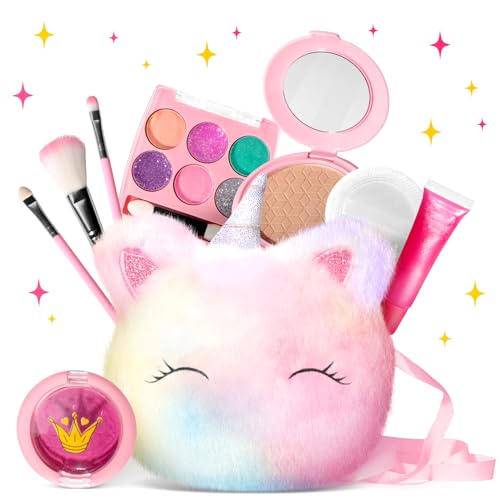 ULOVEME Kids Washable Makeup Kit for Girls 4-6 with Small Coin Purse(5.5x5.25in) - Real, Non Toxic Make Up Toy Gift- Umicorn Gift Set (Rainbow Coin Purse)