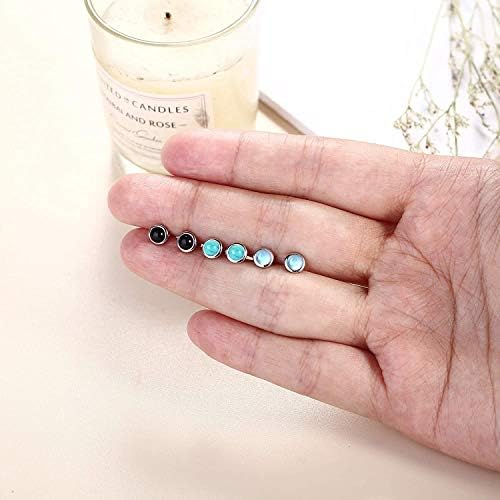 LOLIAS 4MM 925 Sterling Silver Stud Earrings Set for Womens Teens Solid Silver Moonstone Earrings Hypoallergenic Turquoise Black Earrings Round Gemstone Stud Gift Daughter Christmas Valentines Day